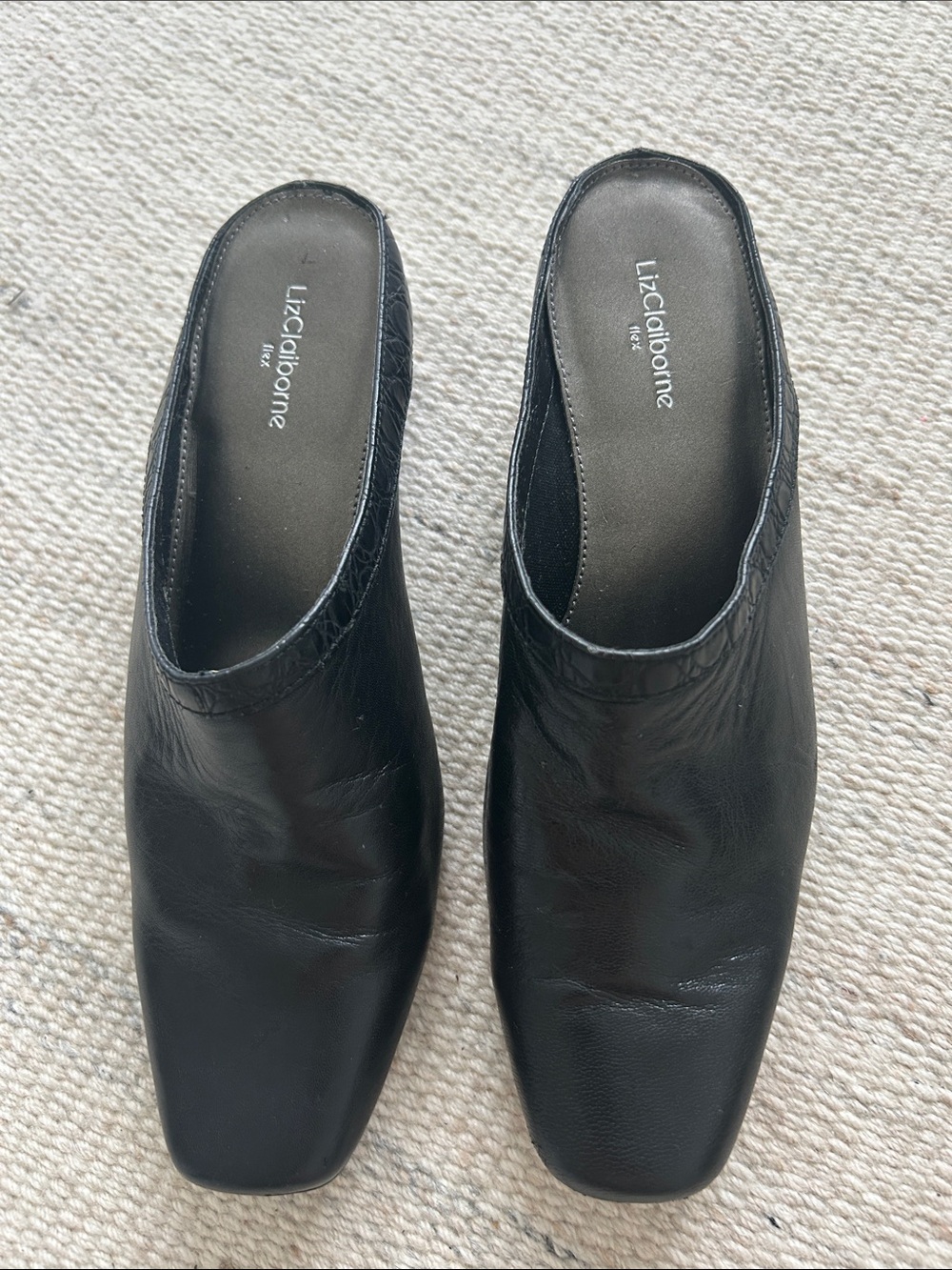Liz Claiborne Black Leather Square-Toe Slip-On Mules